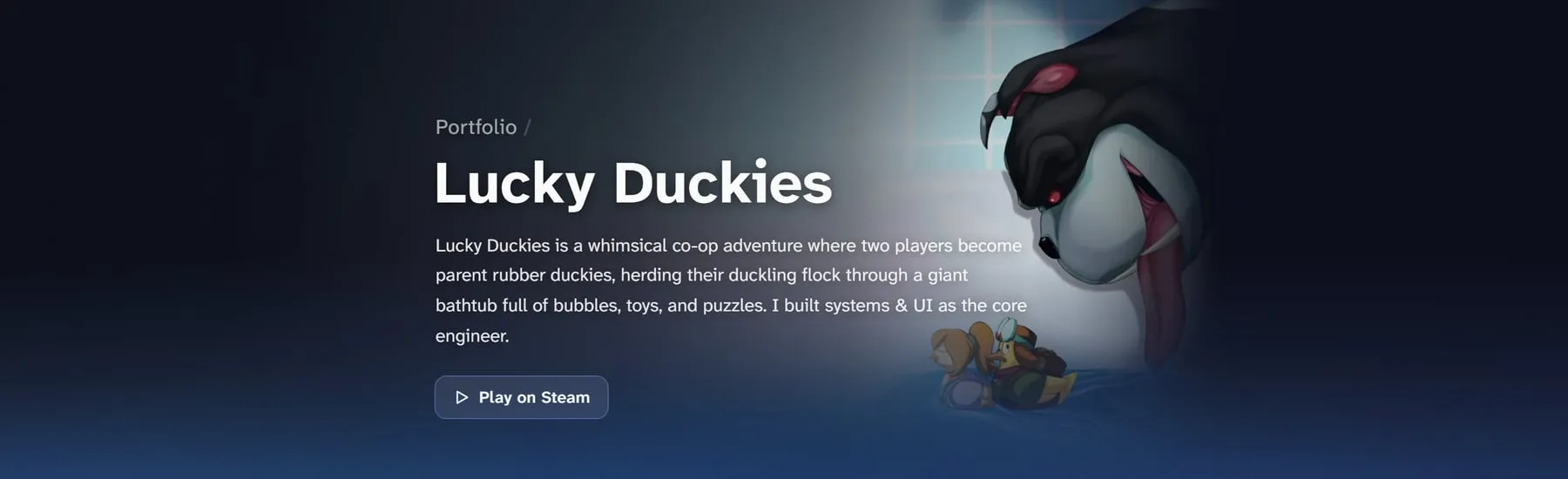 The Lucky Duckies project page: tall key art on the right fading into the dark page, with the title and a Play on Steam button on the left