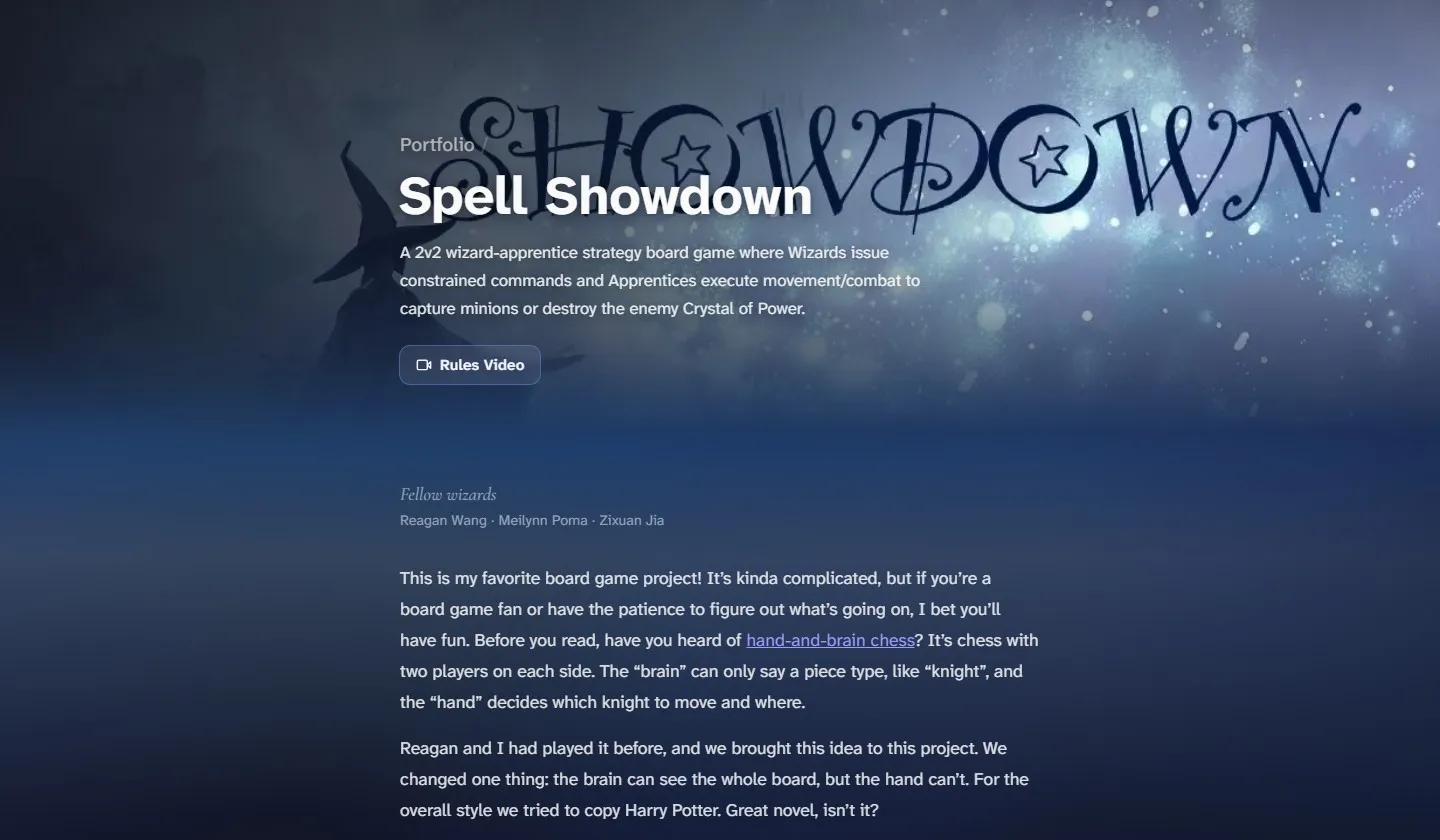 The Spell Showdown project page: a full-width banner with the title, description and a Rules Video button on the left