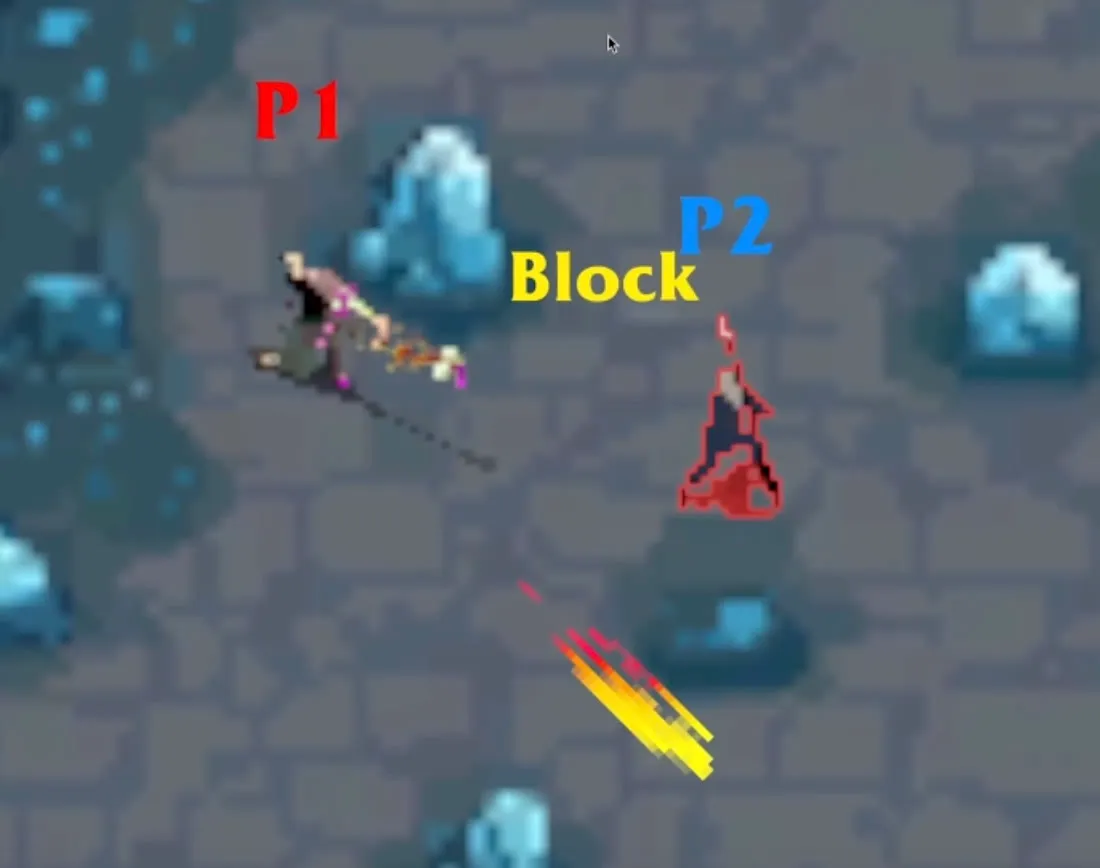 P2 blocking with a red outline while "Block" pops up above them