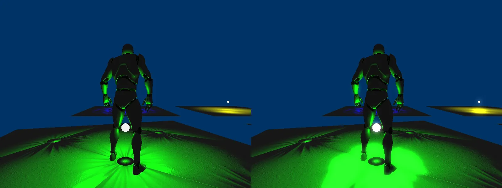 Two copies of the same frame side by side: on the left the plain scene, on the right the green platform light and the white sphere glow and spread