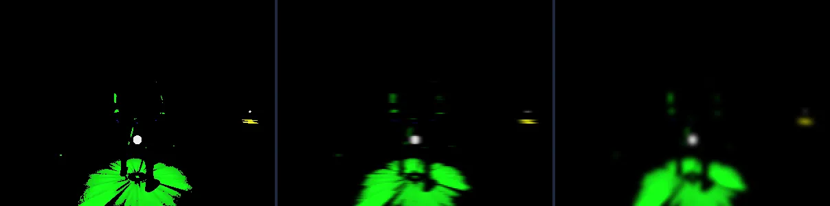 Three black images with only the bright parts left: the sharp green platform light and white sphere, then the same blurred sideways, then blurred in both directions