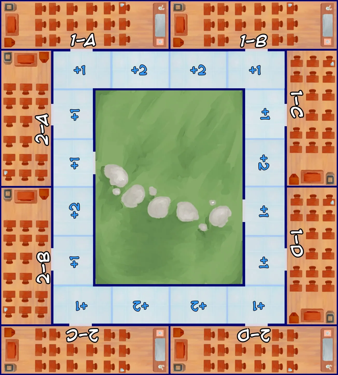 The final board: a hallway of +1 and +2 tiles running around a green courtyard, with eight classrooms on the outside