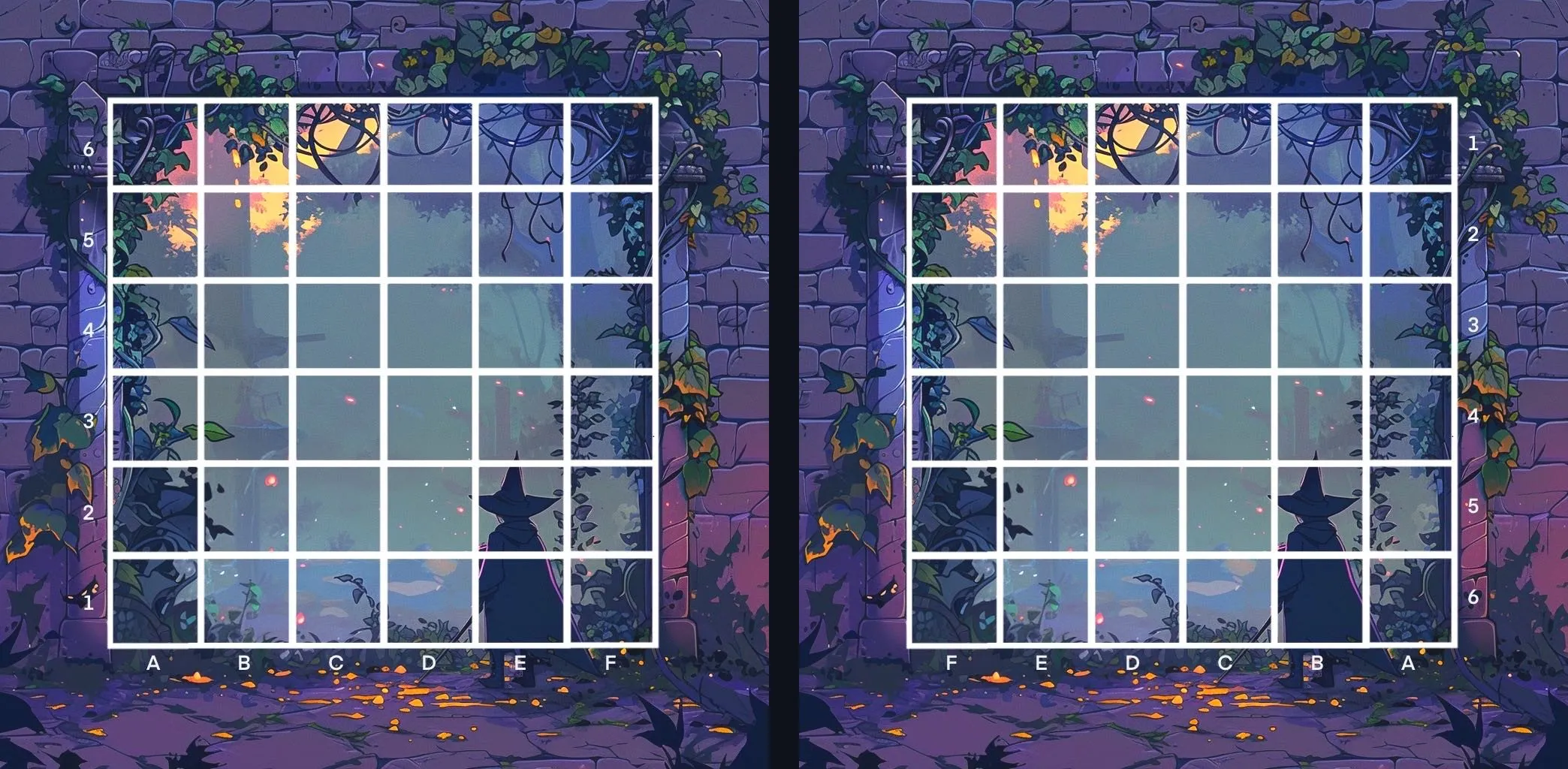 Two copies of the board art side by side: one labeled A to F left to right with row 1 at the bottom, the other labeled F to A with row 1 at the top