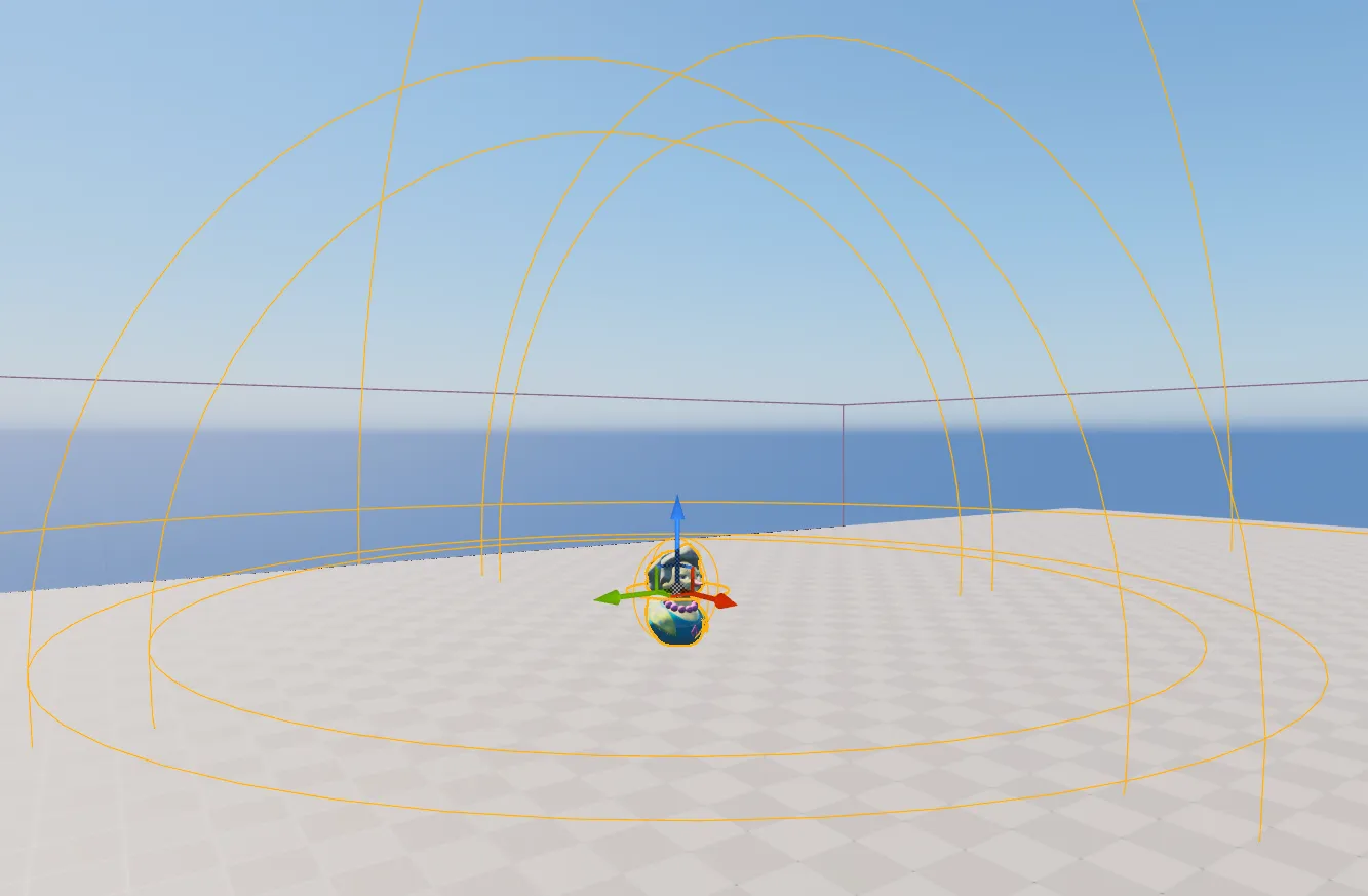 An NPC in an empty test level with large orange sphere outlines around it