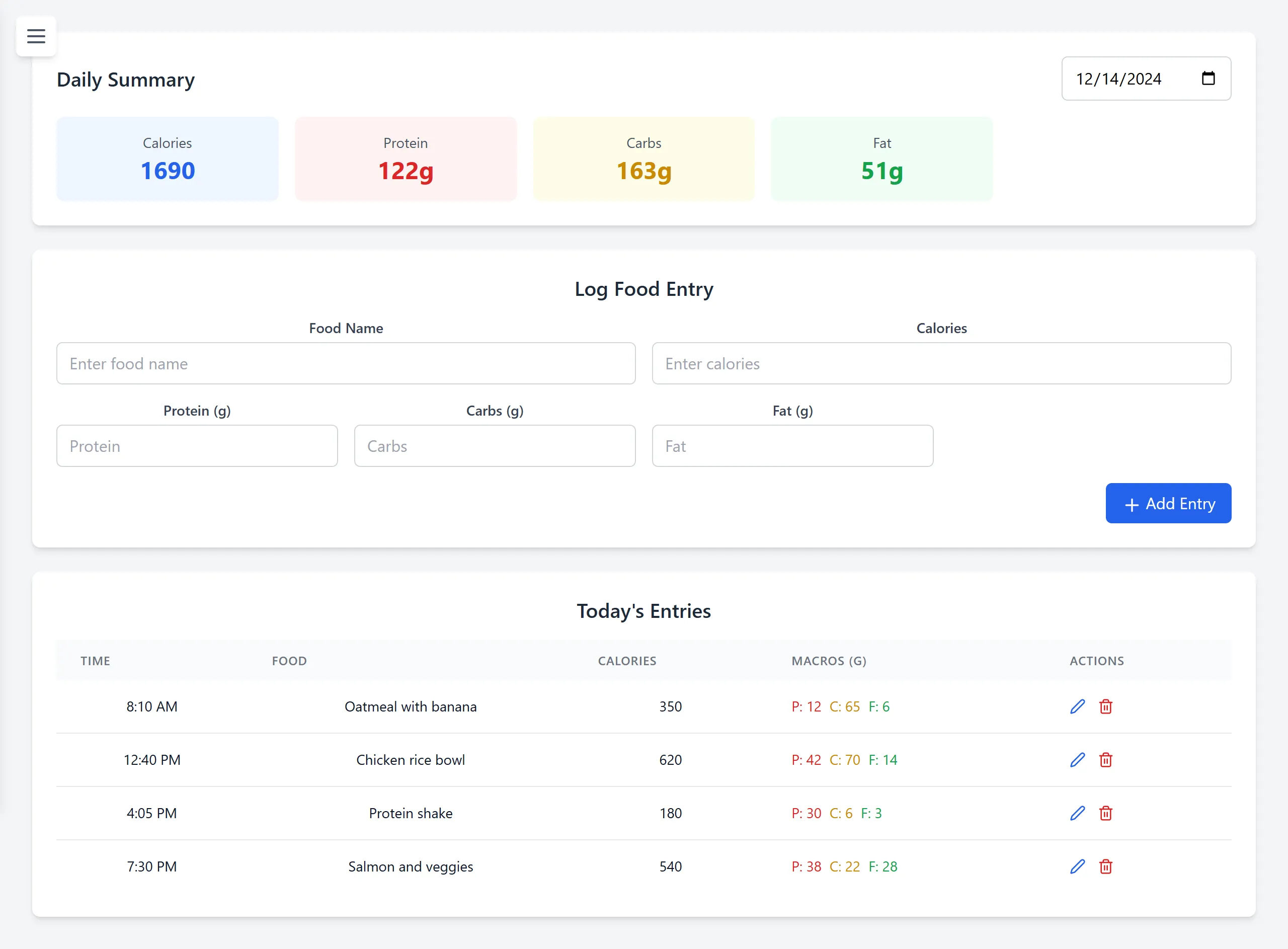 Calorie tracking page showing daily totals for calories, protein, carbs and fat, an add-food form, and a table of today's meals