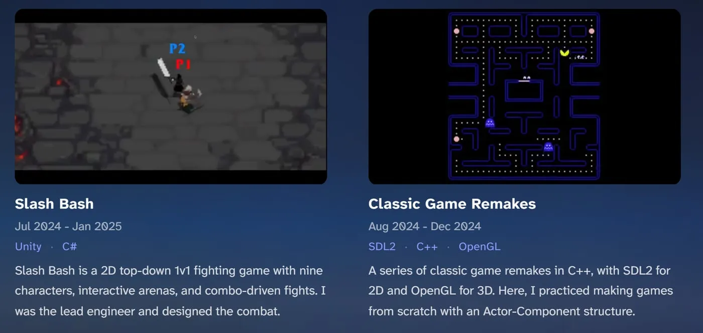 Portfolio cards for Slash Bash and Classic Game Remakes showing gameplay frames instead of cover images