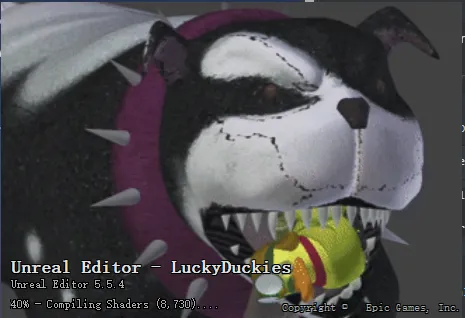 Unreal Editor loading screen showing Dozer the dog biting a rubber duck, with "Unreal Editor - LuckyDuckies" and shader compile progress