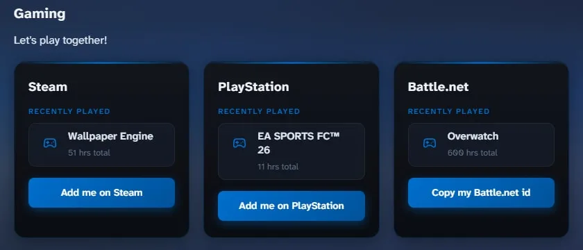 Gaming panels on the About page