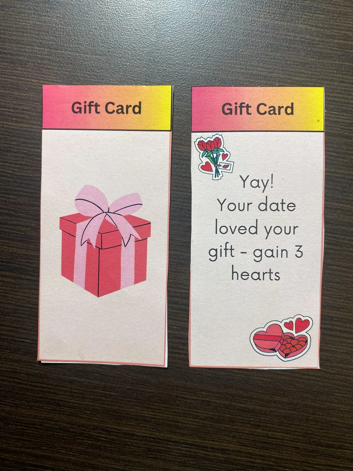 A Date Dash gift card: the front shows a wrapped present, the back says "Yay! Your date loved your gift - gain 3 hearts"