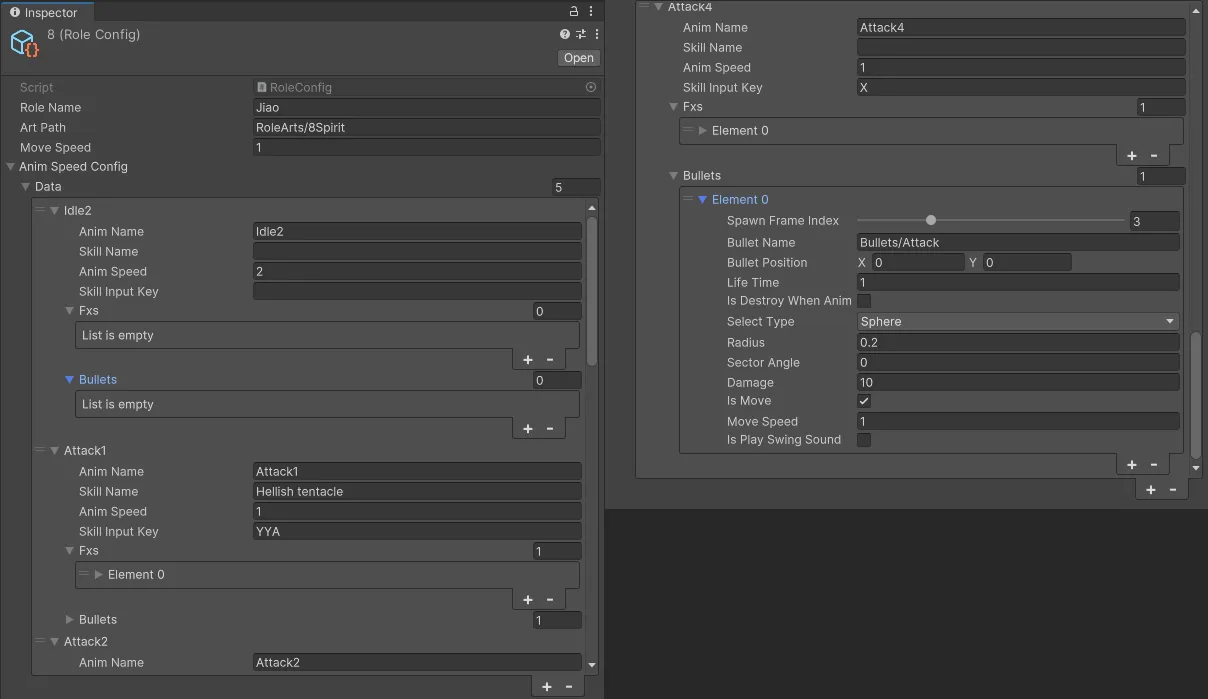 Unity Inspector showing Jiao's RoleConfig: animation entries with skill names and combos, and an expanded bullet with spawn frame, shape, radius and damage