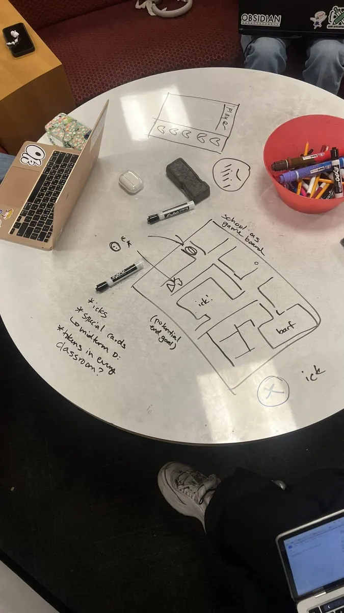A round whiteboard table with a maze-like school map sketched on it, with notes about icks and special cards