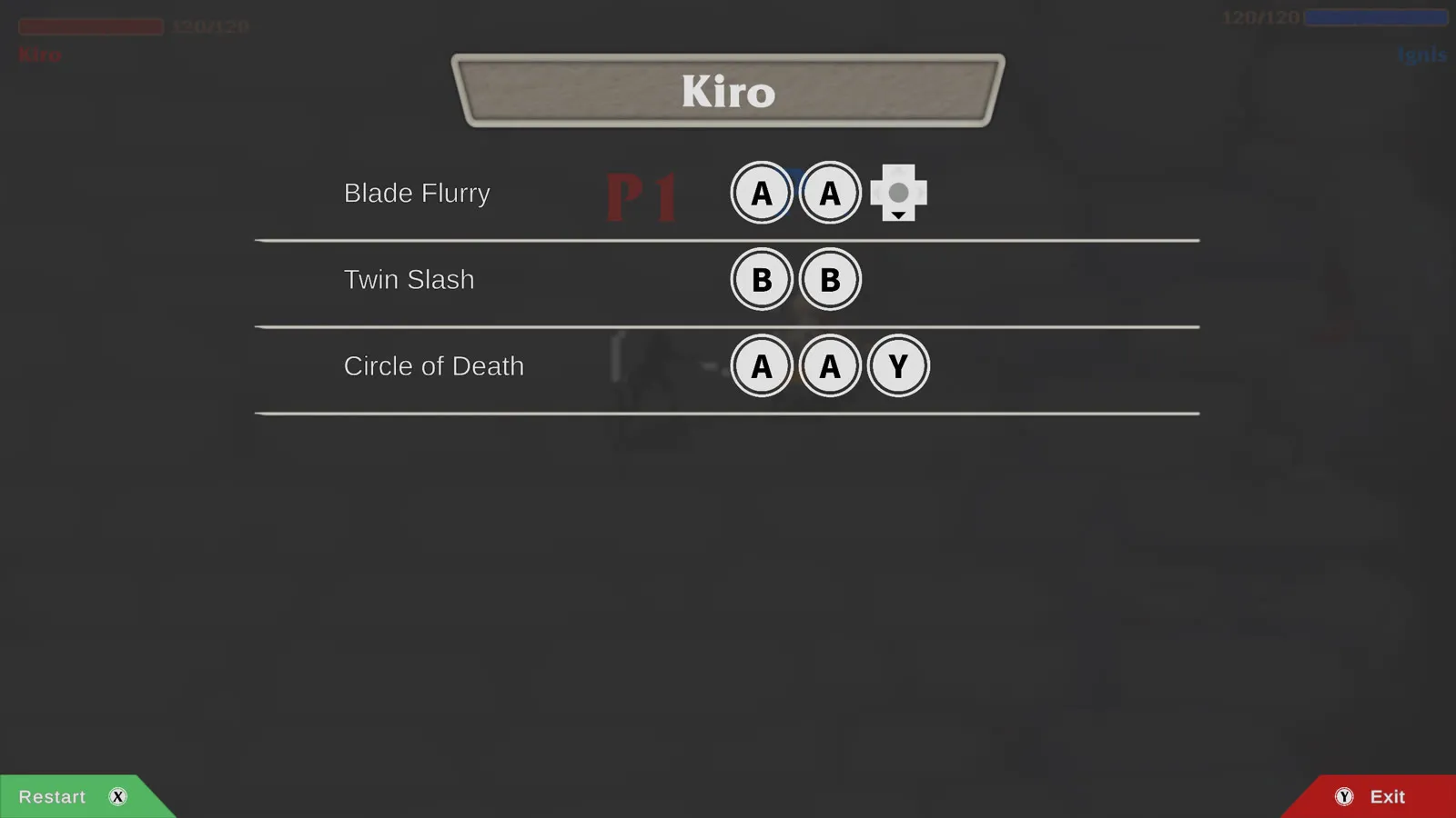 Pause menu for Kiro listing Blade Flurry (A A down), Twin Slash (B B) and Circle of Death (A A Y) as controller button icons