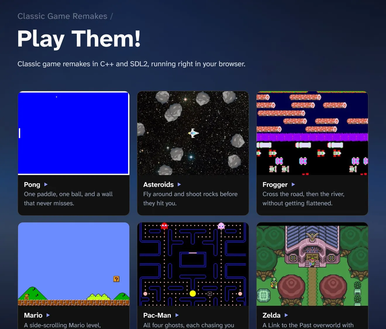 A grid of game cards: Pong, Asteroids, Frogger, Mario, Pac-Man and Zelda, each with a screenshot and a one-line description