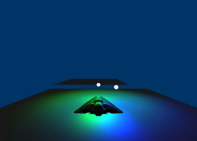 A spaceship model on a dark platform, lit from below by a green and a blue point light, with two small white light spheres above