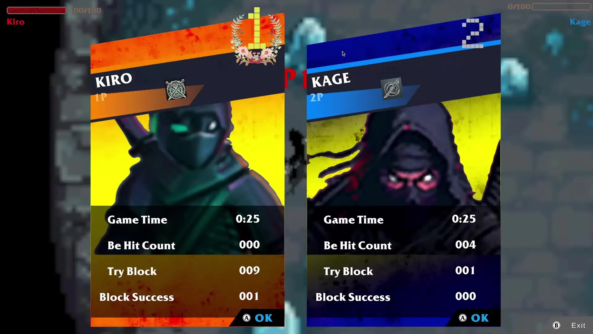 The Slash Bash end screen: Kiro and Kage cards with game time 0:25, hits taken, block attempts and successful blocks
