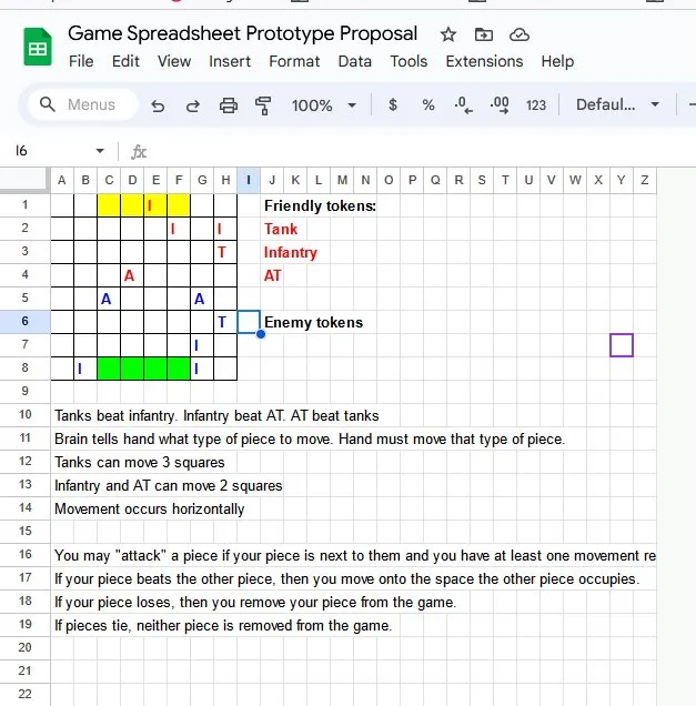 A Google Sheets grid with letters for tanks, infantry and anti-tank pieces, and the rules typed out below it