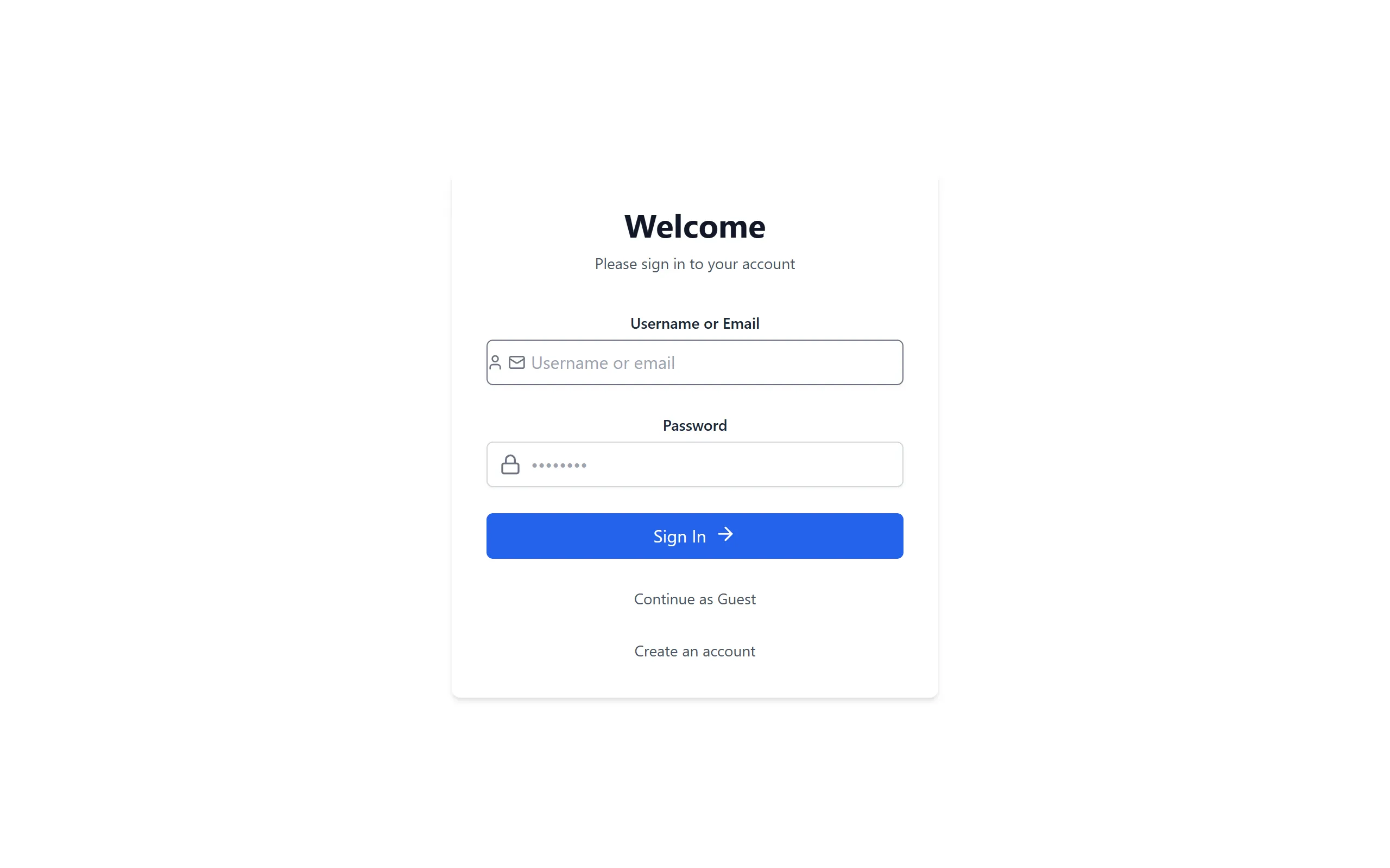 Sign-in page with a username or email field, a password field, a Sign In button, and links to continue as guest or create an account