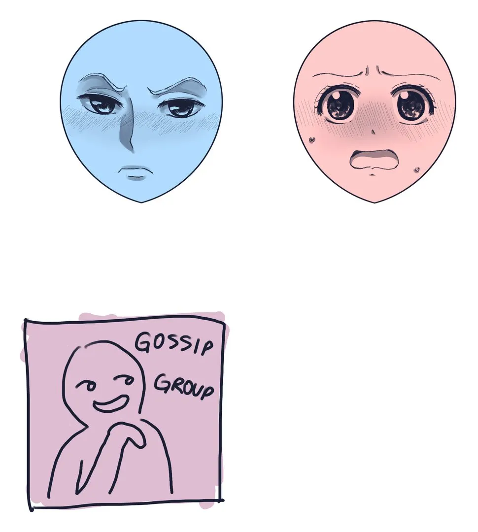 Two anime faces, one pink and flustered, one blue and stoic, and a purple gossip group token