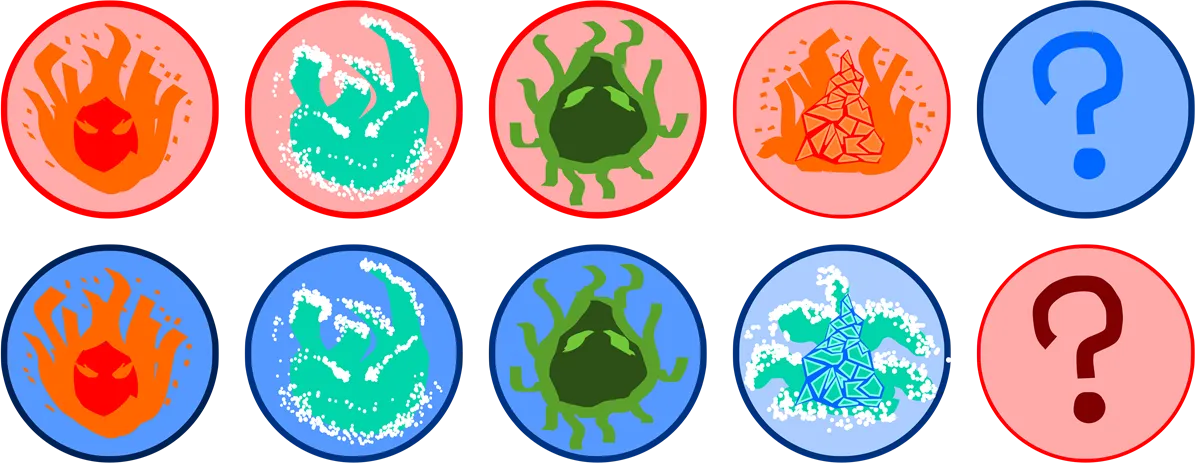 Ten round tokens: red-team fire, water and grass minions, a fire crystal and a blue question-mark marker on top; the blue-team versions and a red question-mark marker below