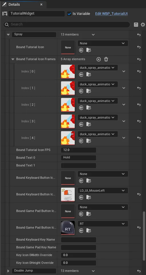 Details panel for the Spray entry: Bound Tutorial Icon Frames with five duck_spray_animation images, FPS 12, Bound Text 0 "Hold", the LD_UI_MouseLeft keyboard icon and the RT controller icon
