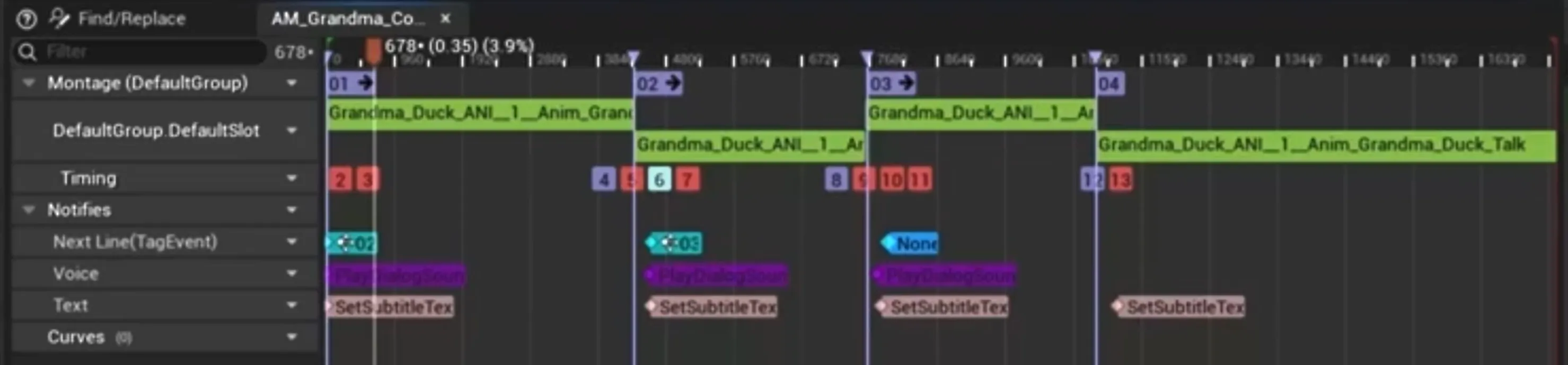 Montage timeline for AM_Grandma_Conversation_01, with four sections and notify tracks named Next Line (TagEvent), Voice and Text