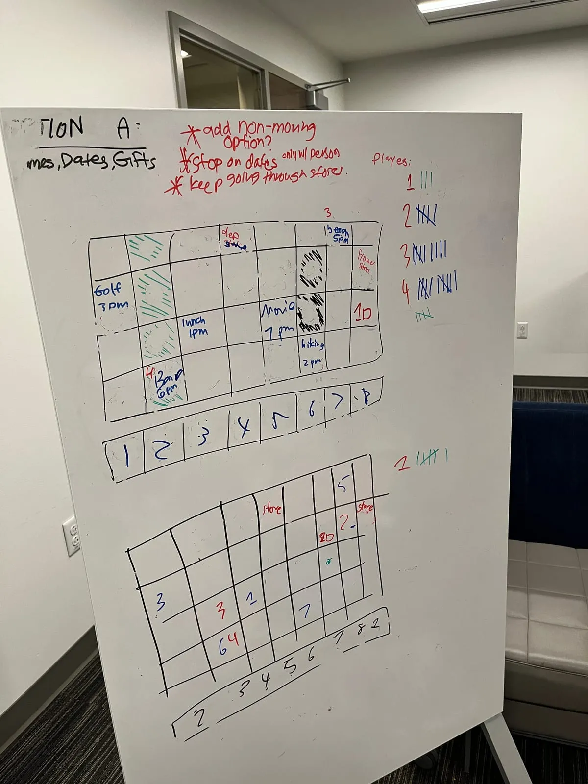 The first whiteboard sketch of the board and time row