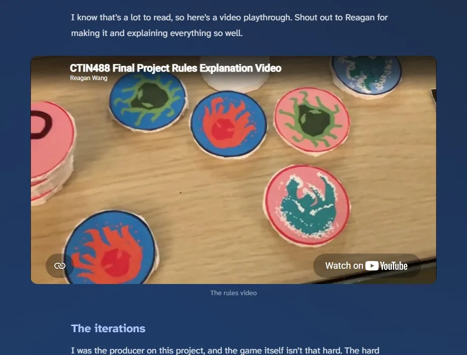 A YouTube player embedded in a project page with a caption under it